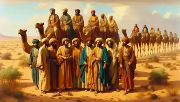 Grupo de hombres en túnicas de tonos tierra en un desierto, sosteniendo a un joven de túnica colorida, con caravana de camellos al fondo.