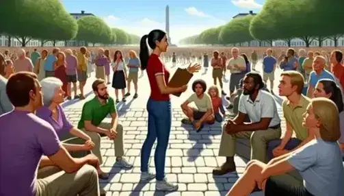 Multicultural crowd gathers in a sunny public square, with a South Asian woman advocating to a group and diverse individuals engaging in conversation.
