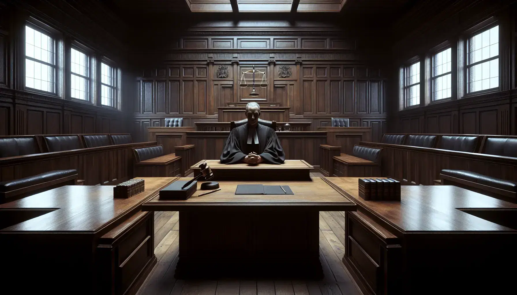 Aula di tribunale solenne con pareti in legno scuro, banco del giudice al centro, banchi vuoti, finestre laterali e stendardo di giustizia.