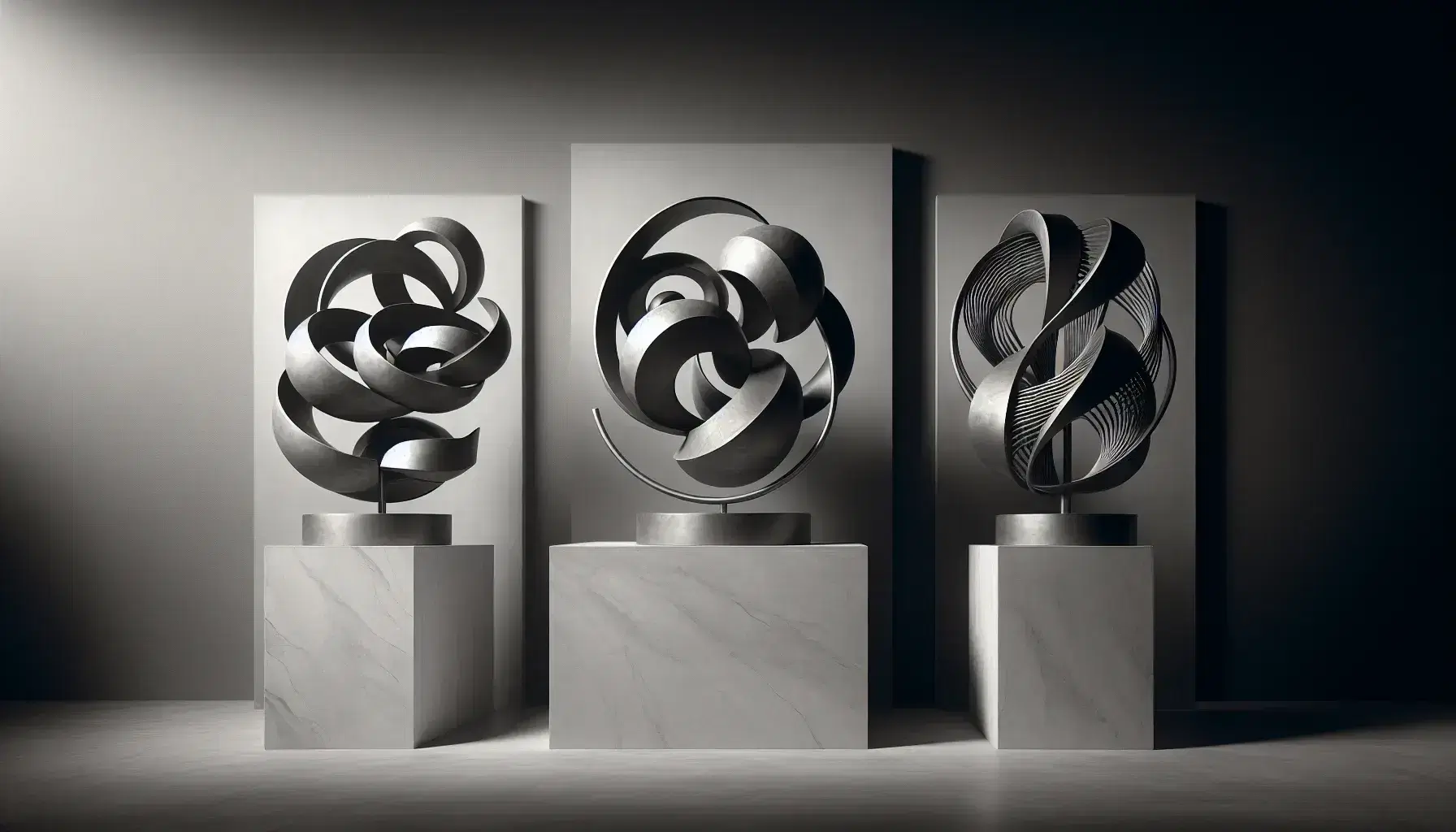 Tres esculturas abstractas de metal mate sobre pedestal de mármol, con formas orgánicas entrelazadas y sombras suaves en fondo liso.