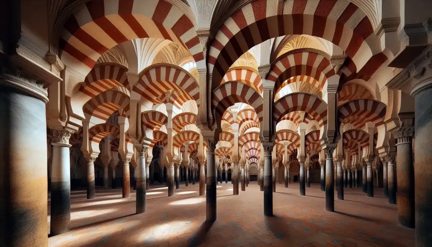 Arcos bicolores en la Mezquita de Córdoba con pilares robustos y modillones, iluminados suavemente por luz natural, sin presencia de personas.