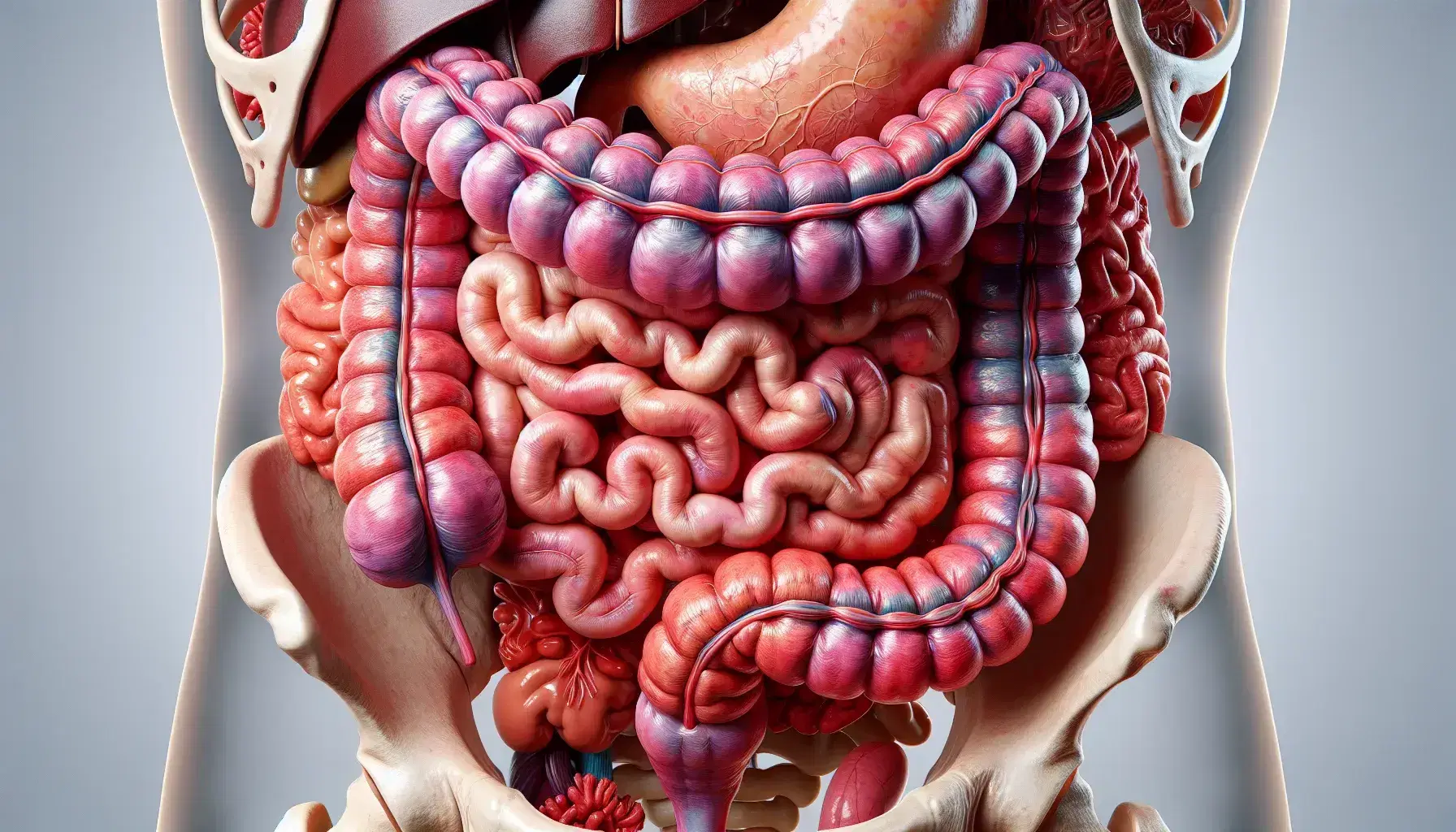 Rappresentazione dettagliata dell'intestino crasso umano con cieco, colon e retto evidenziati, circondato da organi sfocati su sfondo neutro.