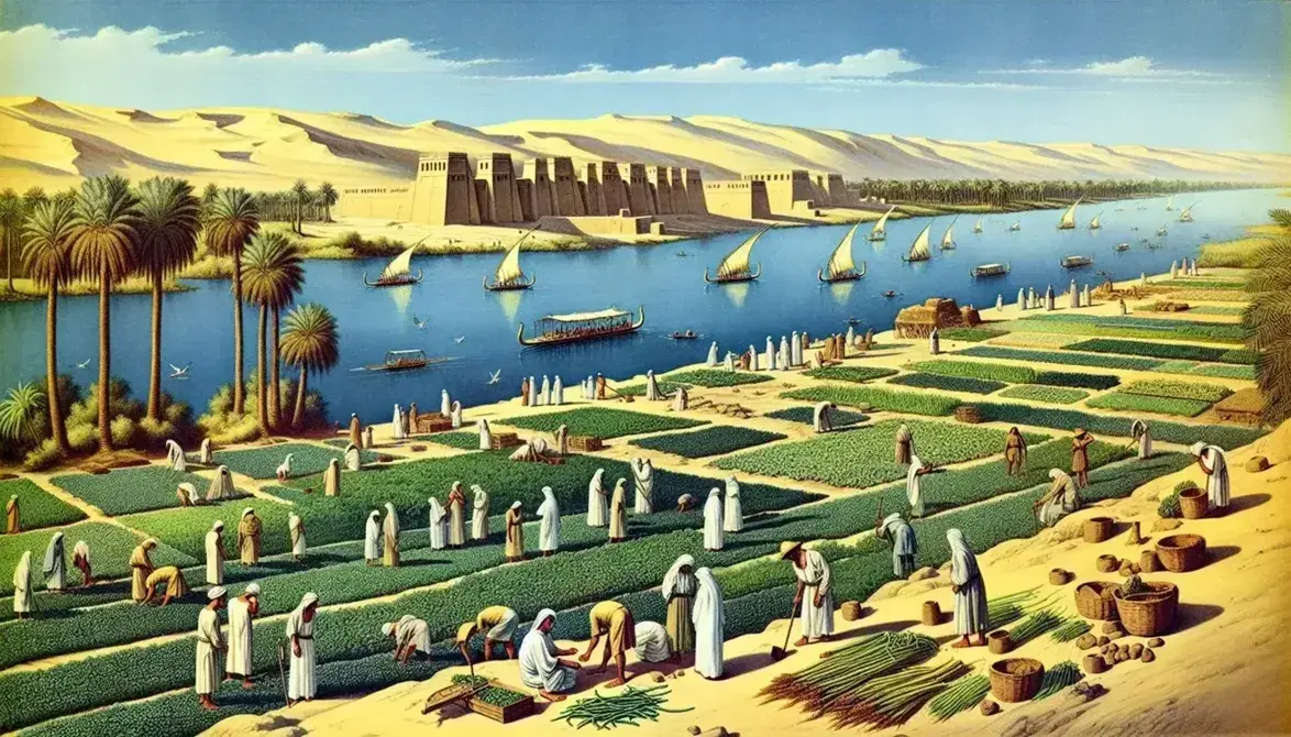 Vista panorámica del río Nilo serpenteando por un desierto con personas trabajando en campos verdes, barcas de madera en el agua y estructuras de piedra al fondo.