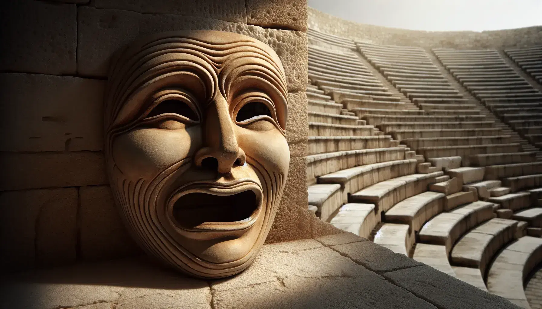 Máscara griega antigua de teatro con expresiones exageradas en primer plano y anfiteatro de piedra vacío al fondo, iluminados por luz lateral.