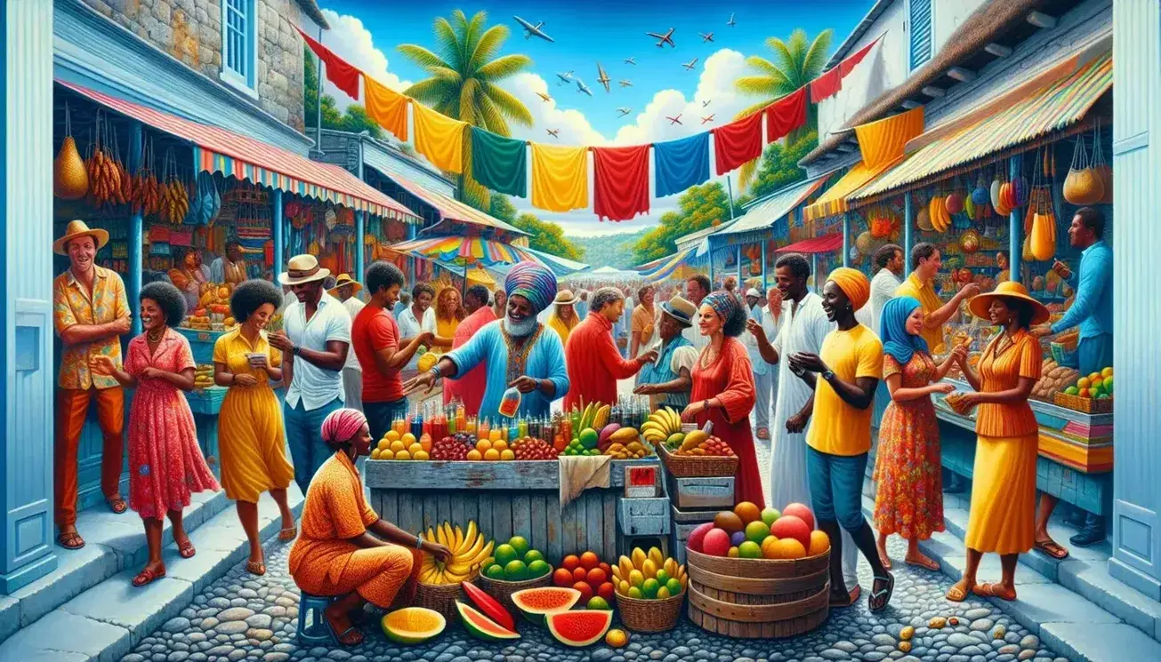 Vibrant Caribbean market scene with diverse crowd shopping for tropical fruits at a wooden stall under a sunny blue sky with palm trees.