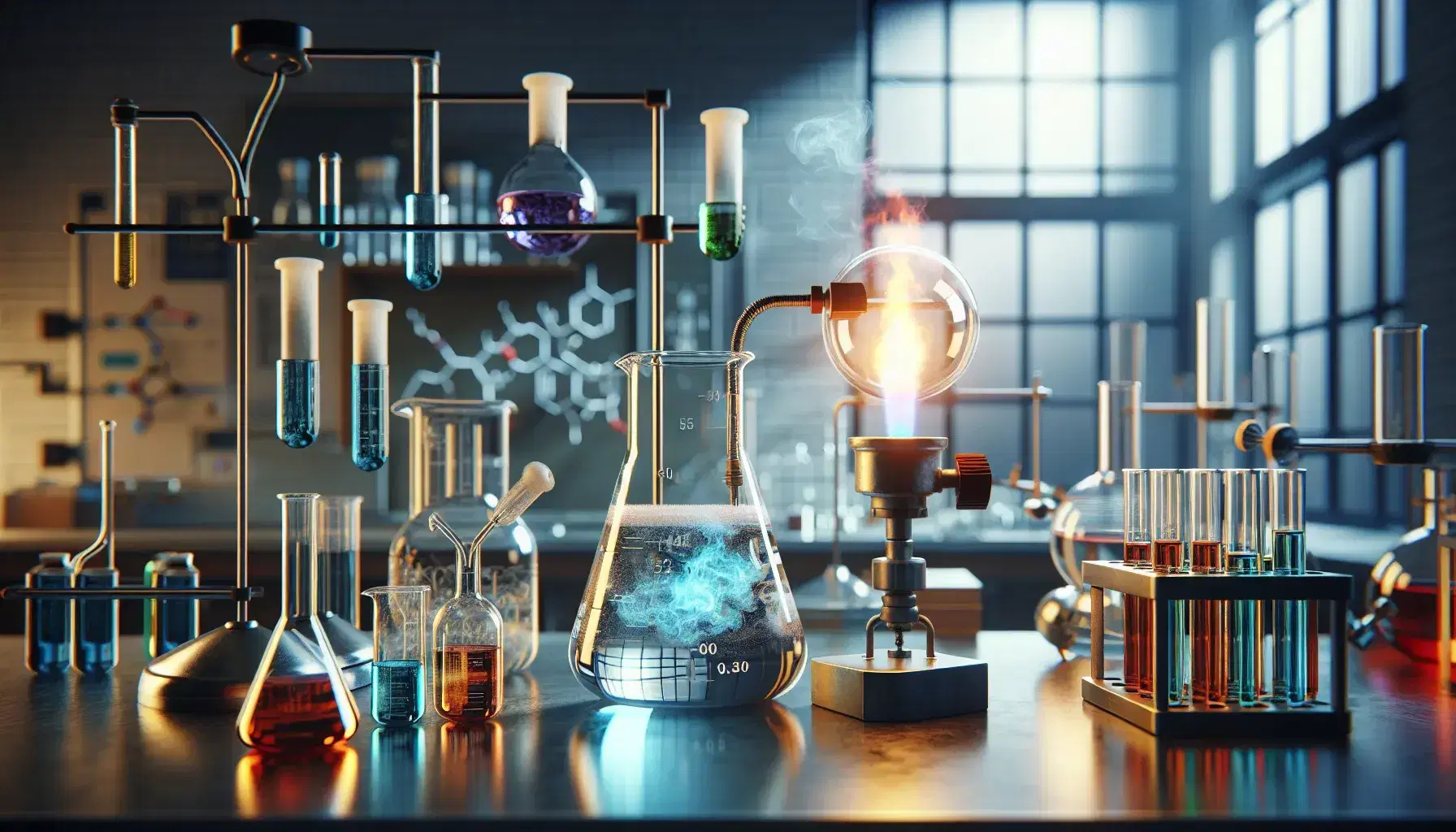 Laboratorio scientifico con becher di liquido blu, cilindro graduato giallo, bruciatore Bunsen acceso e provette colorate su scaffali illuminati dalla luce naturale.