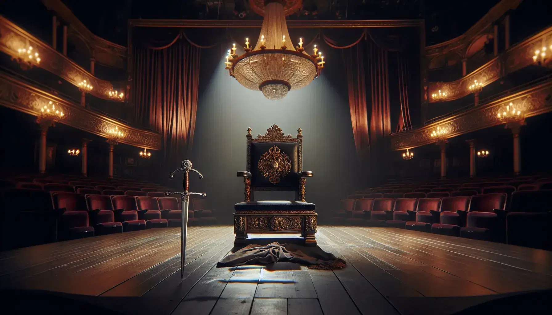 Scena teatrale con trono d'epoca vuoto al centro, spada antica sul pavimento e tende rosse sullo sfondo, illuminata da un lampadario di cristallo.