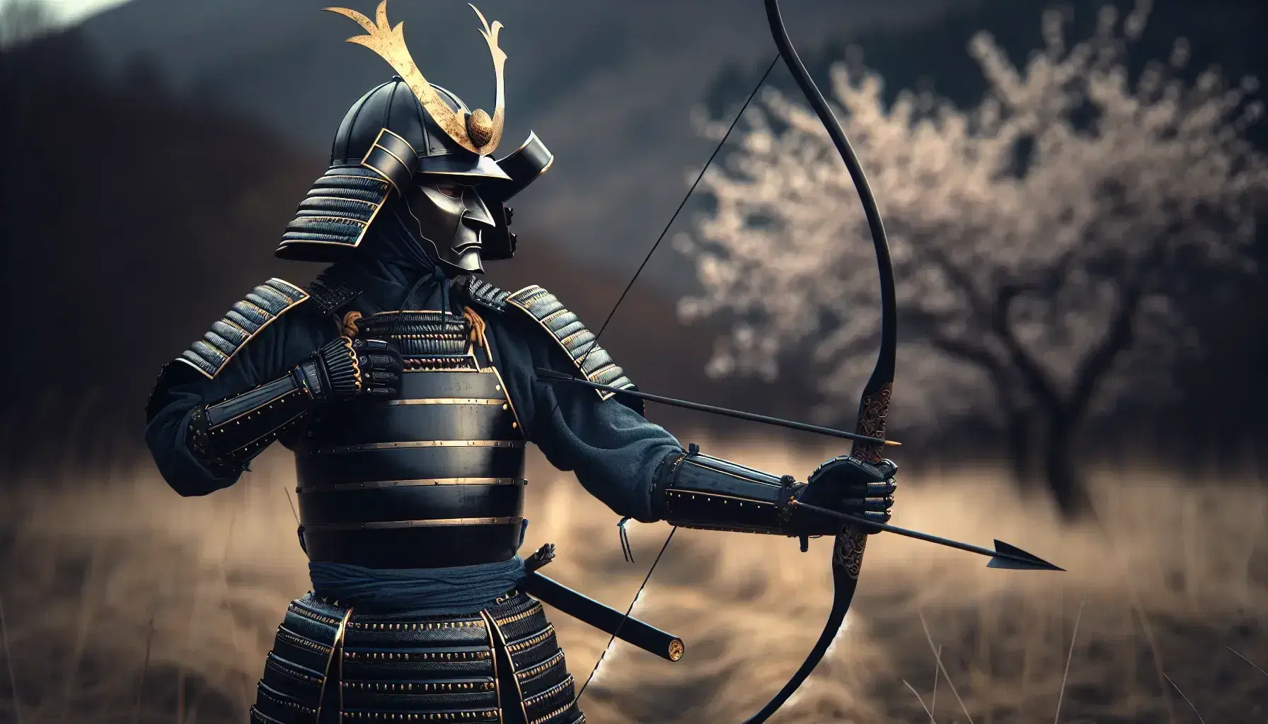 Samurai in armatura nera e dettagli dorati con arco in posa su prato, sotto ciliegi in fiore e cielo azzurro, angolo di giardino zen visibile.