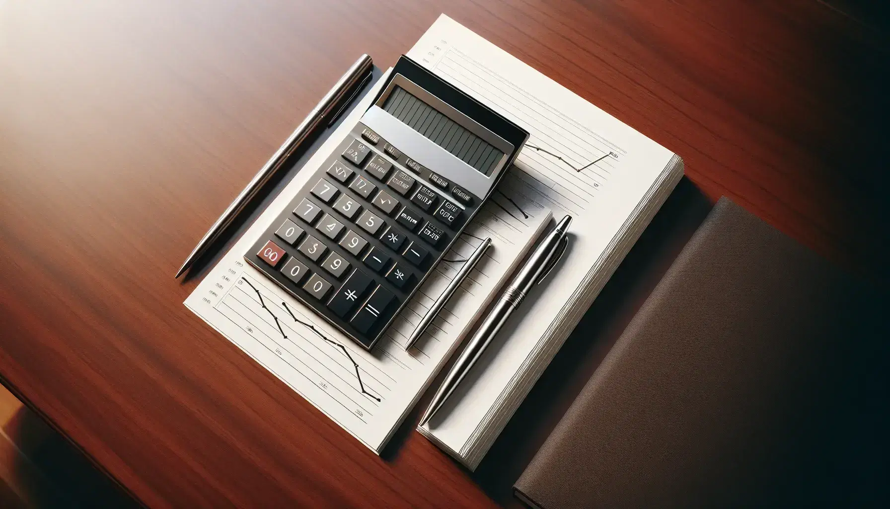 Professional office desk with calculator, graph paper, silver pen, analog clock, and green potted plant on a mahogany surface.