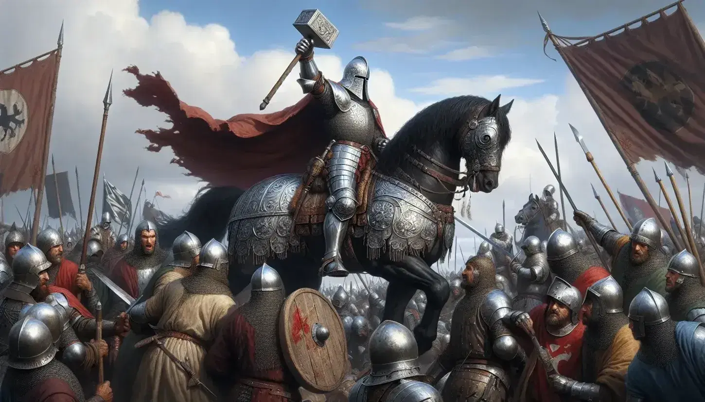 Guerriero medievale in armatura lucente su cavallo marrone brandisce martello da guerra in battaglia con soldati armati di spade e scudi sotto cielo azzurro.