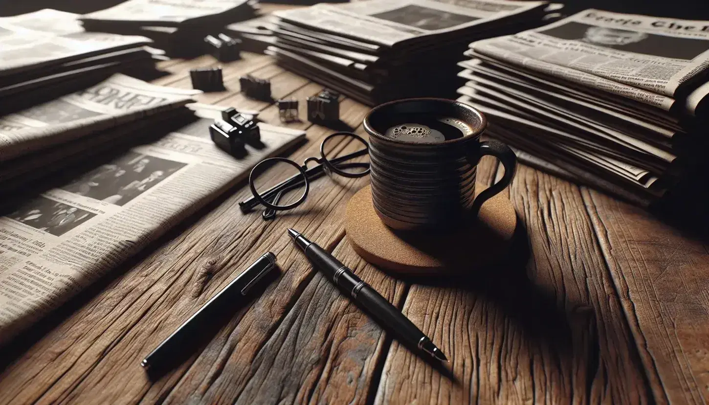 Mesa de madera con periódicos doblados, taza de café sobre posavasos de corcho, bolígrafo negro y gafas invertidas, en ambiente iluminado naturalmente.