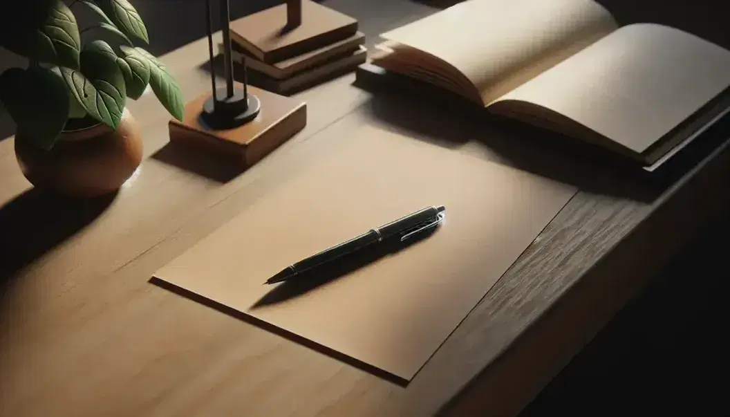 Escritorio de madera clara con papel en blanco, pluma negra brillante, libro abierto en atril y planta en maceta de terracota.
