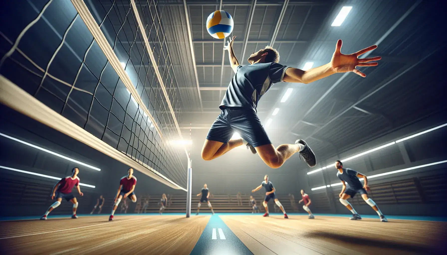 Giocatore di pallavolo in maglia blu scuro salta per attacco sopra la rete, palla gialla in aria, sfondo con avversari sfocati.