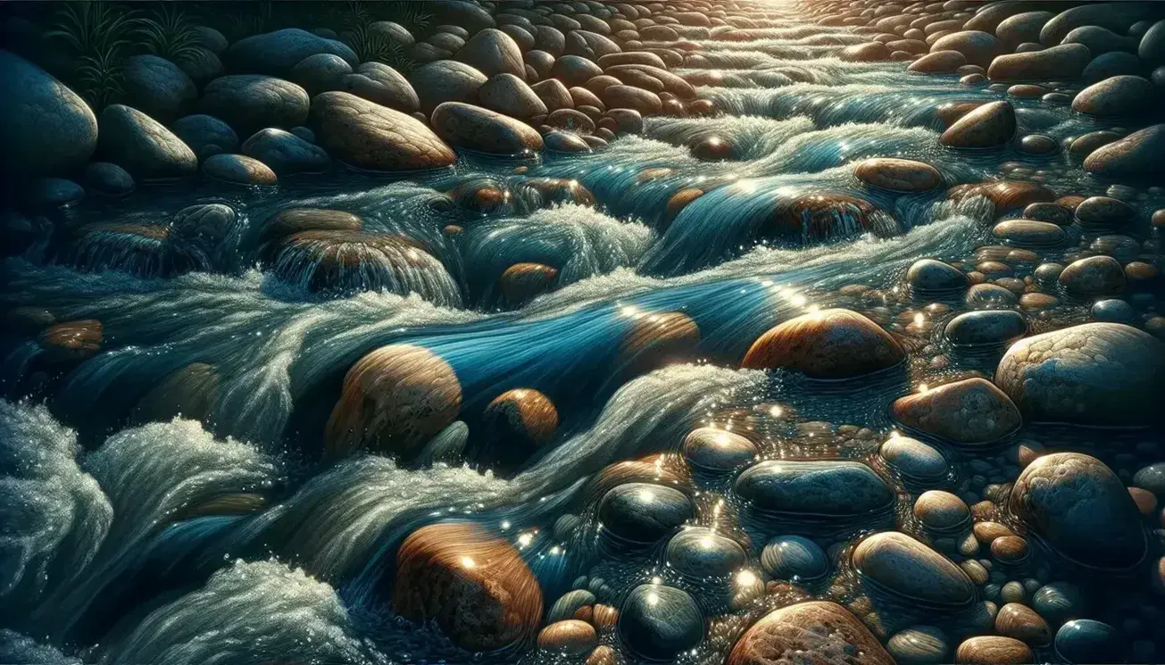 Crystal-clear water flows over smooth rocks in varying shades of gray and brown, with sunlight creating a rippling effect on the surface, surrounded by subtle greenery.