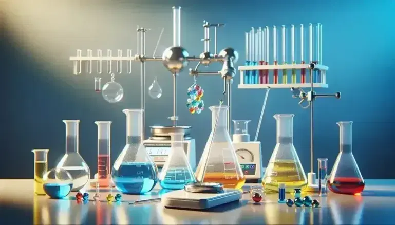 Laboratorio de química con matraces Erlenmeyer de líquidos coloridos, balanza analítica, mechero Bunsen encendido y estante con frascos de reactivos.