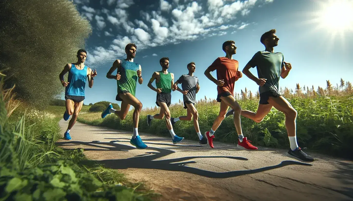 Grupo de cinco corredores compitiendo en carrera al aire libre en parque natural, vestidos con ropa deportiva colorida y zapatillas de running, bajo cielo azul con nubes dispersas.
