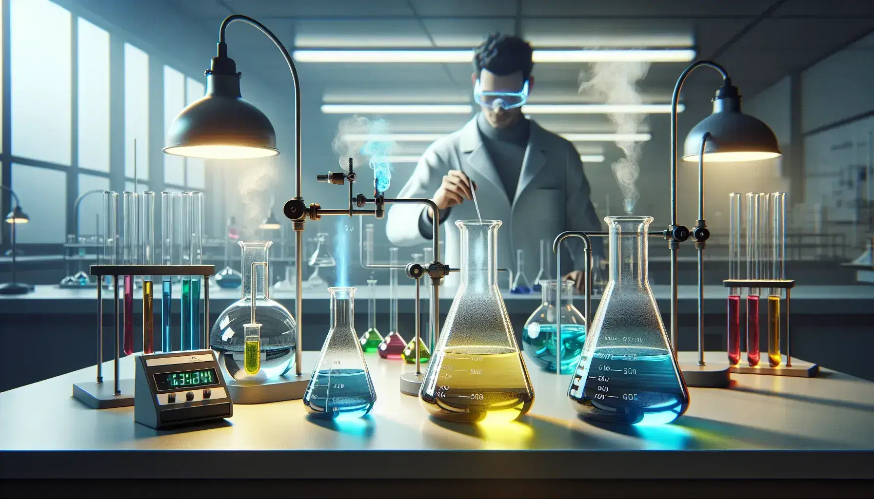 Laboratorio de química con frascos Erlenmeyer de líquidos coloridos, tubo de ensayo sobre mechero Bunsen y científico vertiendo líquido incoloro.