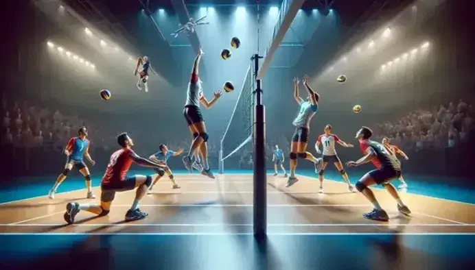 Partita di pallavolo in corso con giocatore in maglia blu che salta per attacco e squadra avversaria in rosso pronta alla ricezione, rete e pallone in evidenza.