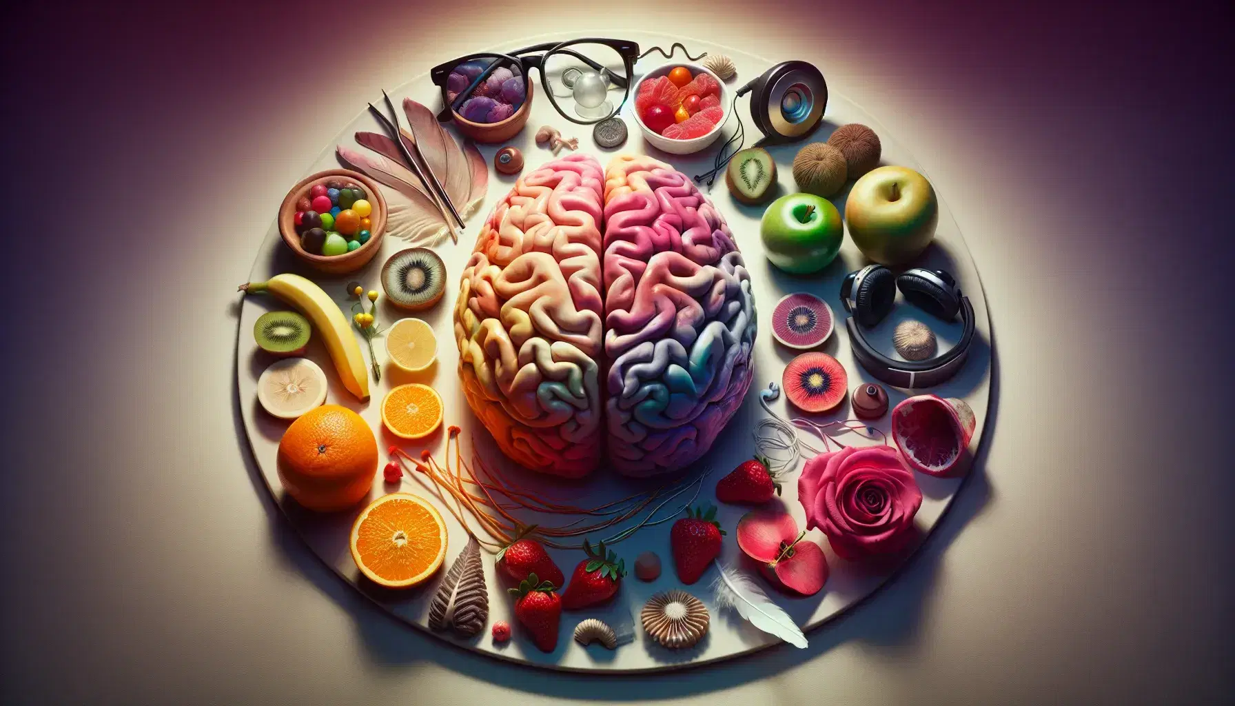 Modello anatomico del cervello umano circondato da oggetti che rappresentano i cinque sensi: occhiali, cuffie, rosa, frutta e piuma.