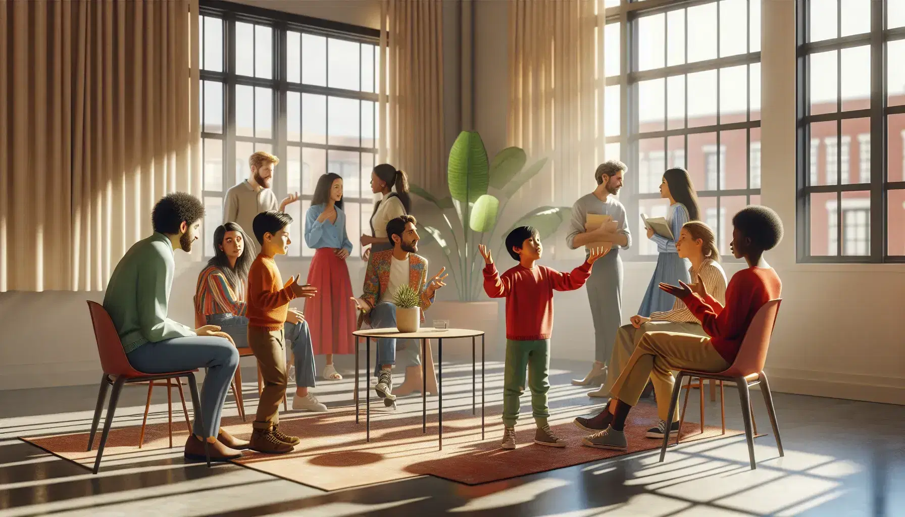Diverse group engaged in lively discussions in a sunlit classroom with modern furniture and potted plants, highlighting active communication.