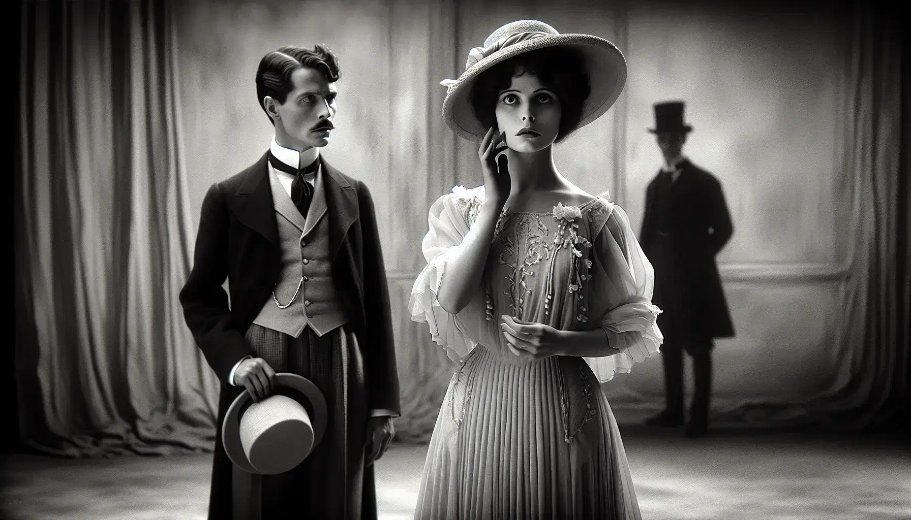 Attrice del cinema muto in abito d'epoca e attore con cilindro su set minimalista, esprimono drammaticità in scena in bianco e nero.