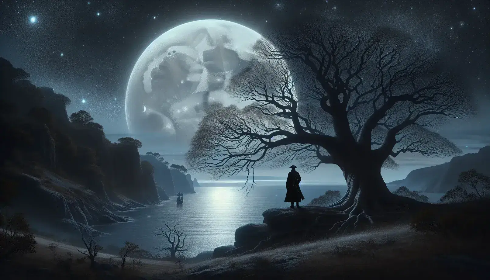 Escena nocturna con árbol desnudo y ramas retorcidas bajo un cielo estrellado y luna llena, figura solitaria en atuendo histórico contemplando el mar tranquilo.