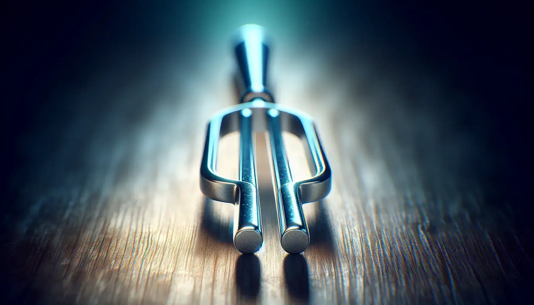 Polished metal tuning fork with slender prongs and cylindrical handle against a soft blue and green blurred background, reflecting light.