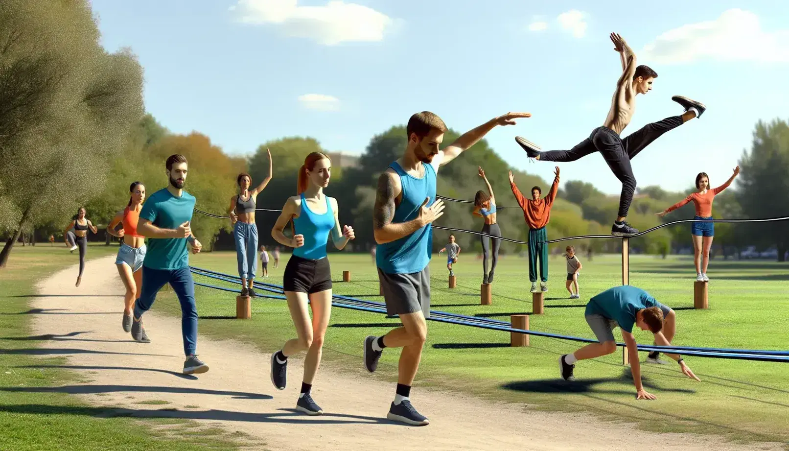 Grupo de personas realizando actividades físicas al aire libre en un parque, con corredores en primer plano, estiramientos de yoga y slackline, bajo un cielo azul con árboles verdes.