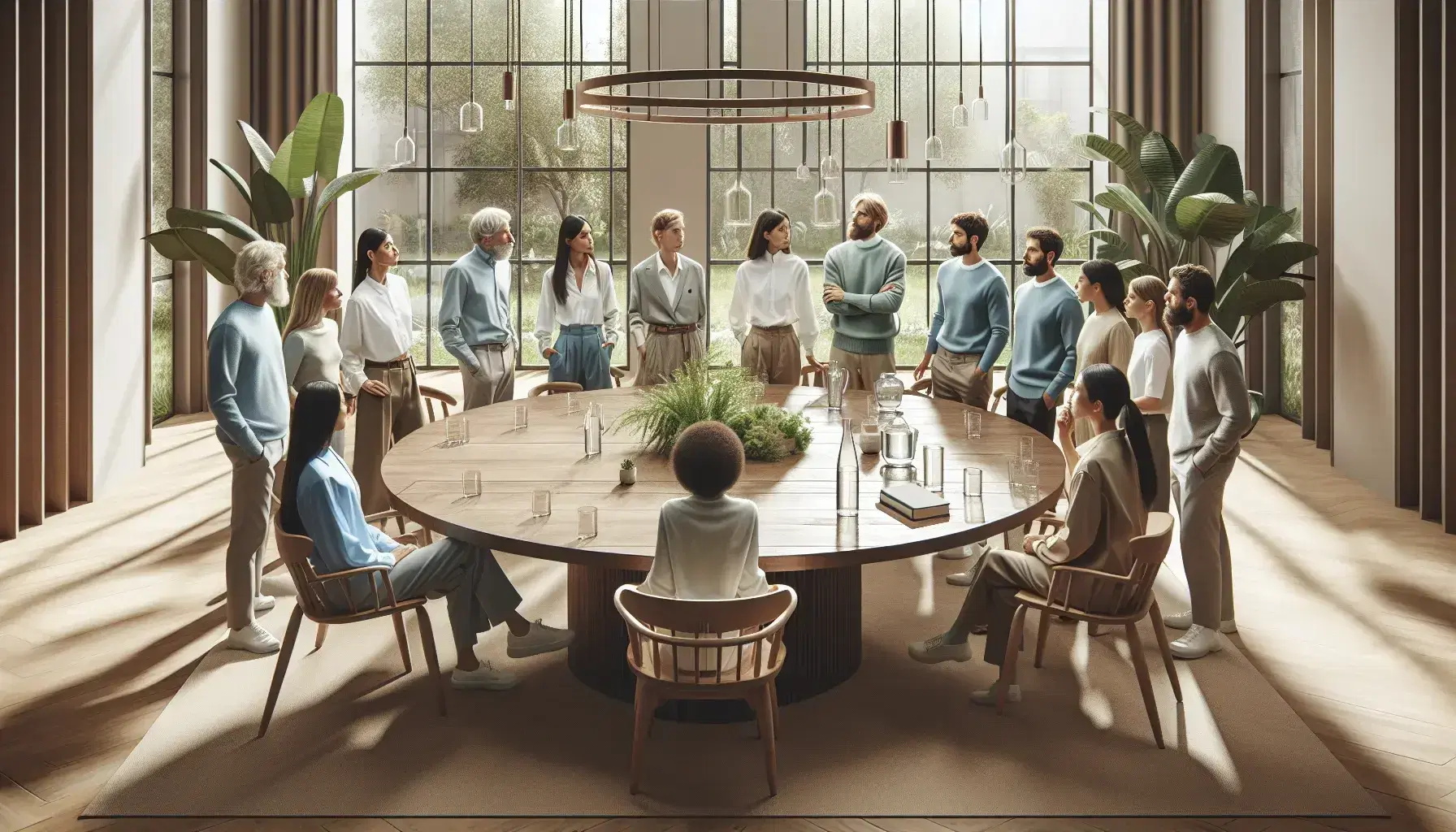 Grupo diverso de personas en reunión alrededor de una mesa redonda de madera en un espacio iluminado con vista al jardín, sin dispositivos electrónicos visibles.