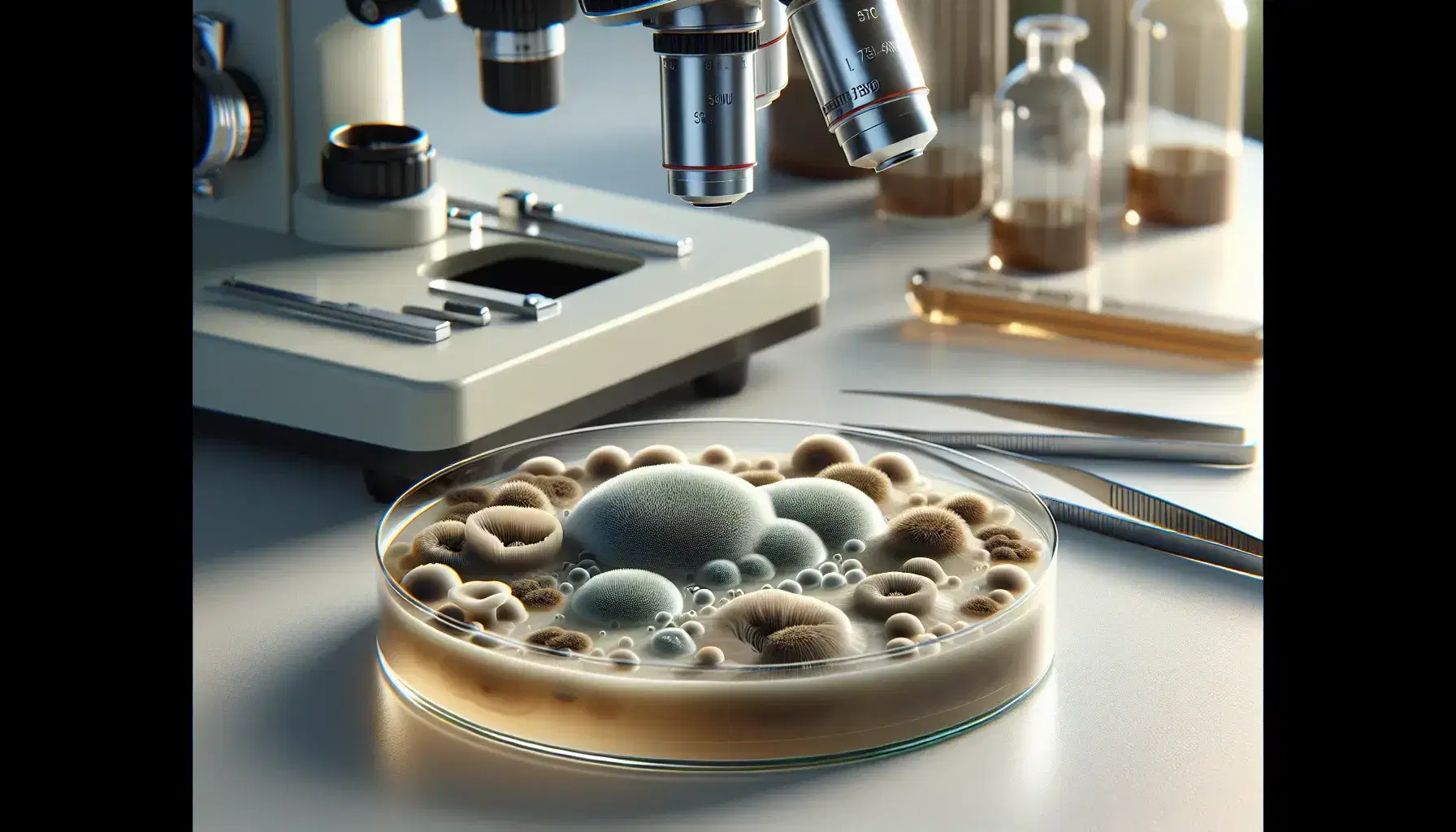 Placa de Petri con medio de cultivo de agar y colonias de hongos variadas, junto a pinzas metálicas y microscopio de laboratorio desenfocado al fondo.