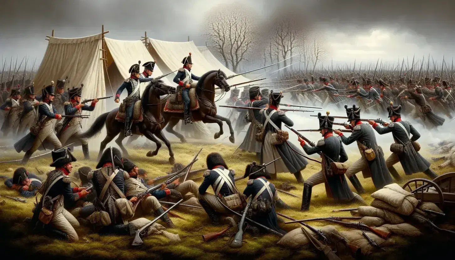 Scena di battaglia del XVIII secolo con soldati in uniforme, tende sullo sfondo, cavallo impennato e cannone pronto a sparare.