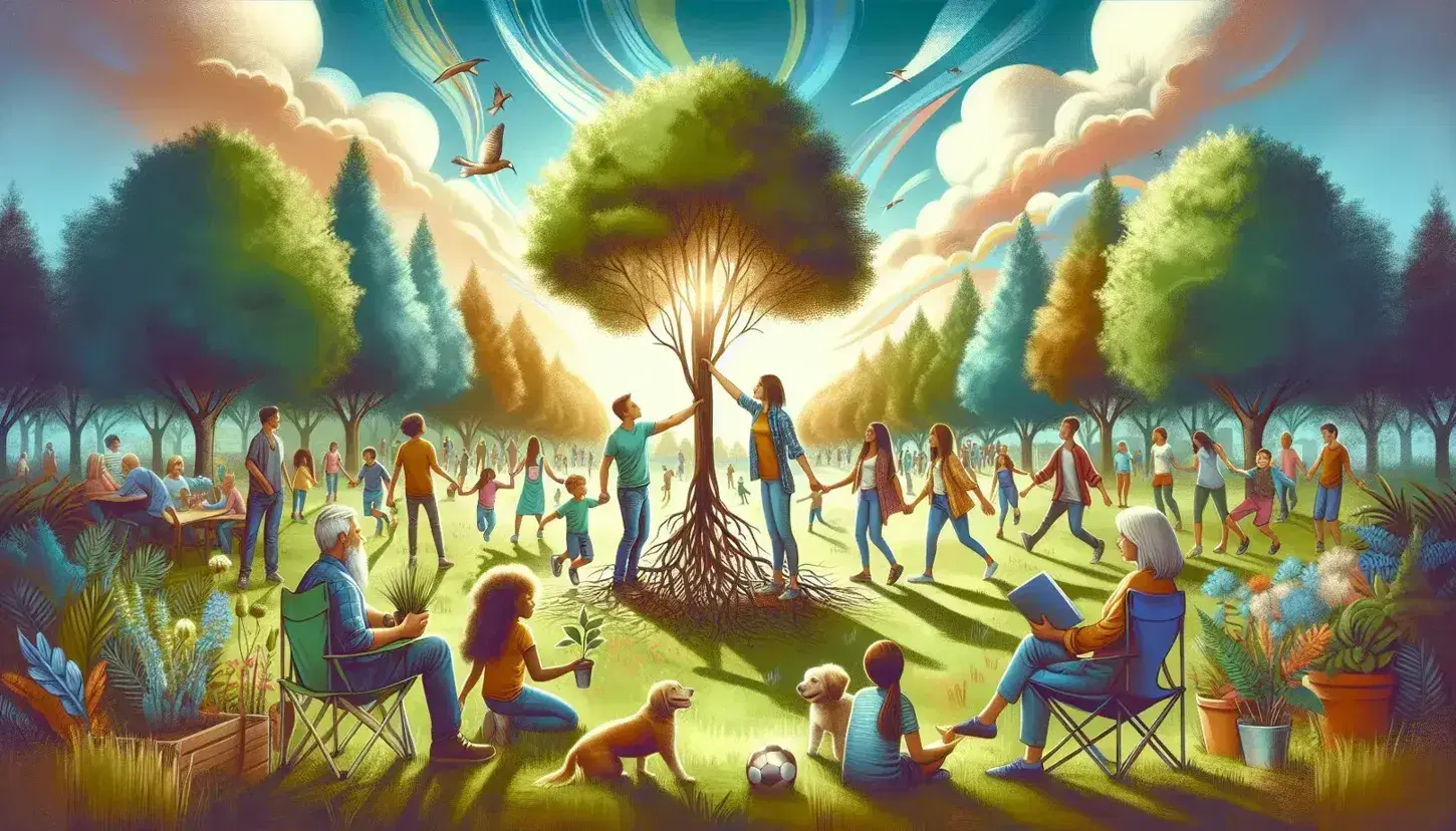Grupo diverso plantando un árbol en un parque soleado, con niños jugando, adolescente leyendo y mujer mayor sonriendo, reflejando unidad y cuidado ambiental.