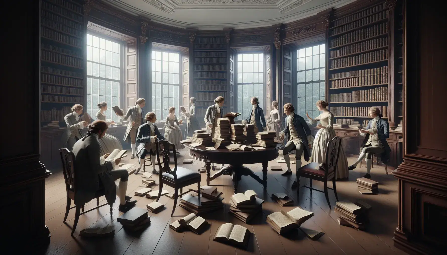 Grupo de personas en vestimenta del siglo XVIII conversando animadamente alrededor de una mesa con libros en una sala iluminada con grandes ventanas y estantería de libros al fondo.