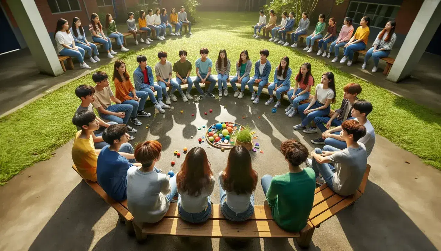 Studenti seduti in cerchio all'aperto in area verde scolastica, con alberi e luce solare, impegnati in attività di gruppo.