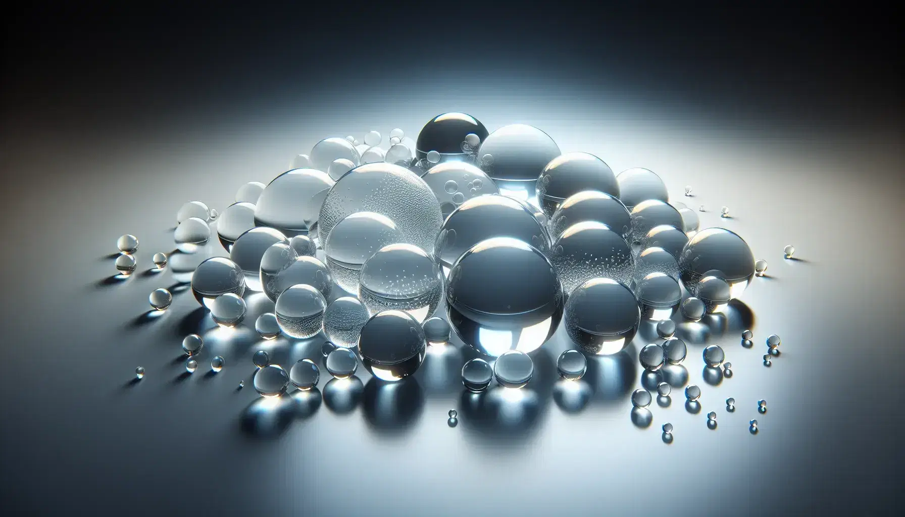 Esferas de vidrio transparentes de distintos tamaños sobre superficie blanca reflejando y refractando la luz, creando un efecto tridimensional.