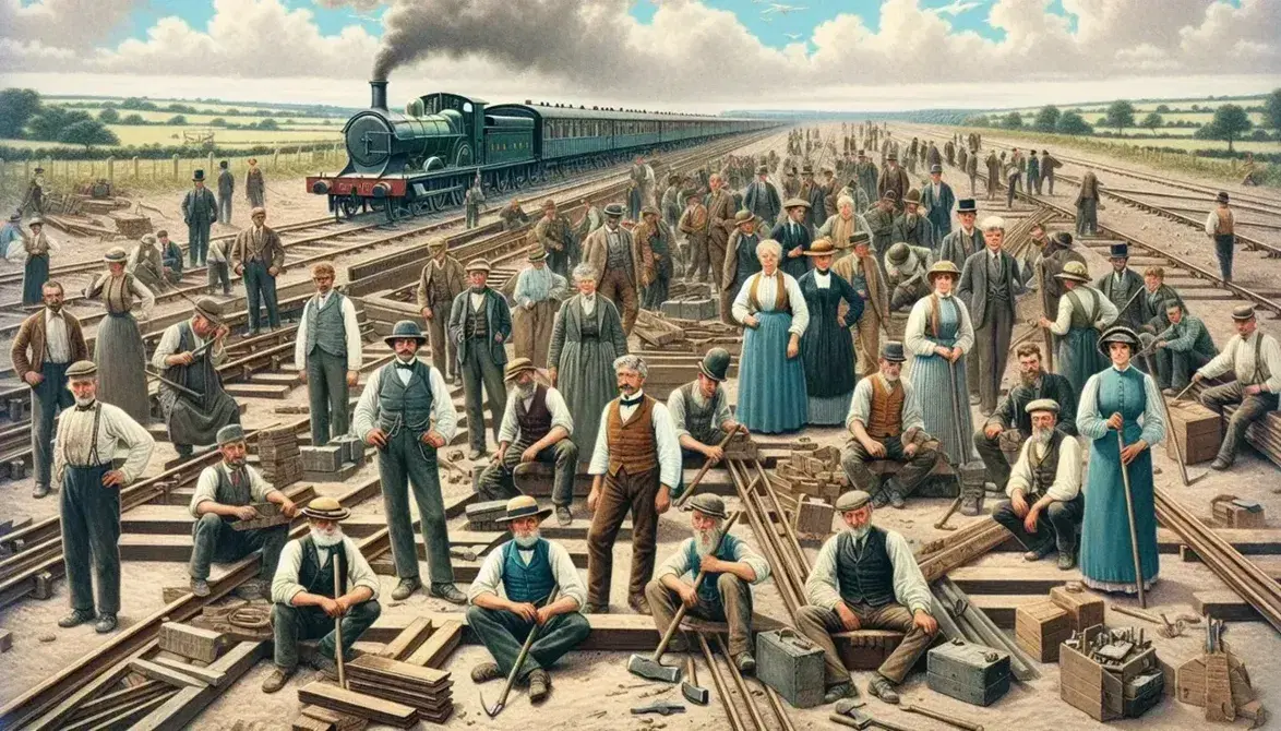 Gruppo multietnico in abiti d'epoca costruisce ferrovia con binari, traversine e attrezzi manuali, locomotiva a vapore sullo sfondo.