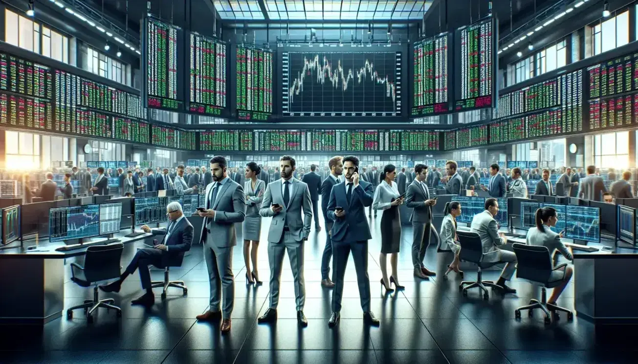 Diverse traders actively engage in stock exchange floor operations, analyzing screens and conversing on phones amid fluctuating market indicators.