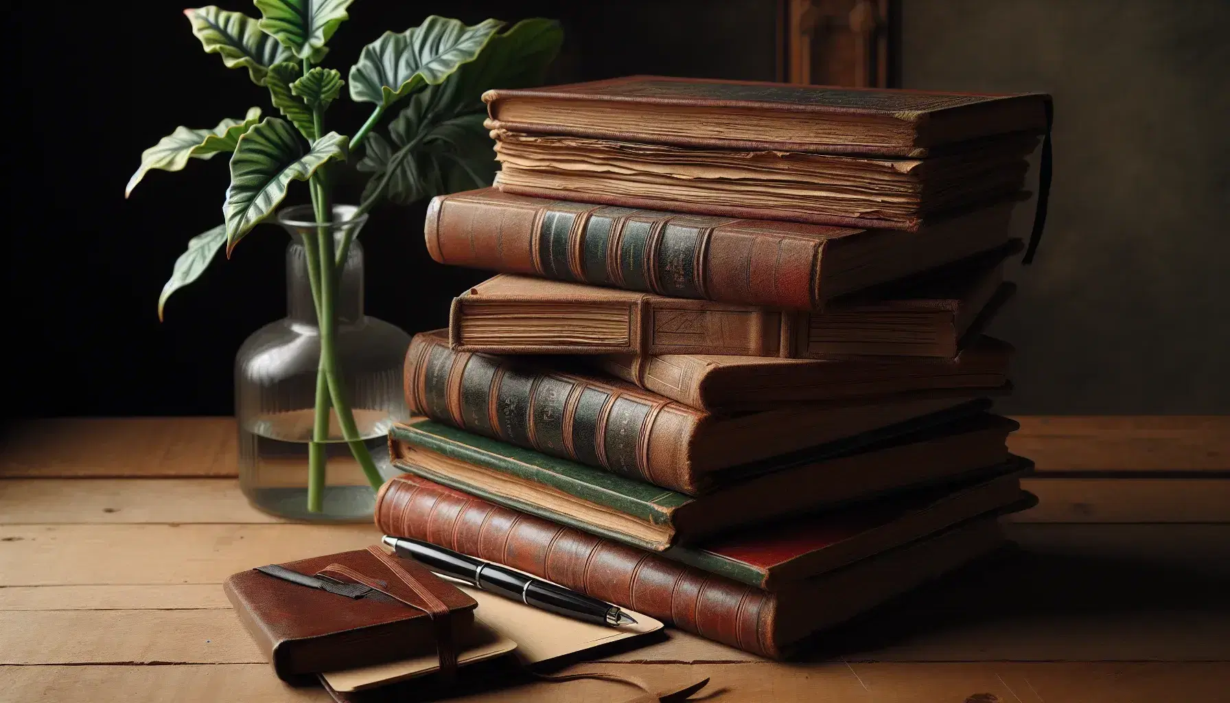 Stack of weathered hardcover books on a wooden table, with an open book on top, a black ink pen, and a leather-bound notebook beside a vase with a green plant.