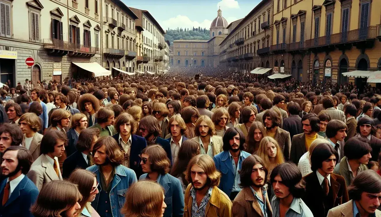 Manifestazione stradale anni '70 in Italia, folla di varie età in abiti d'epoca, edifici storici sullo sfondo, cielo sereno.