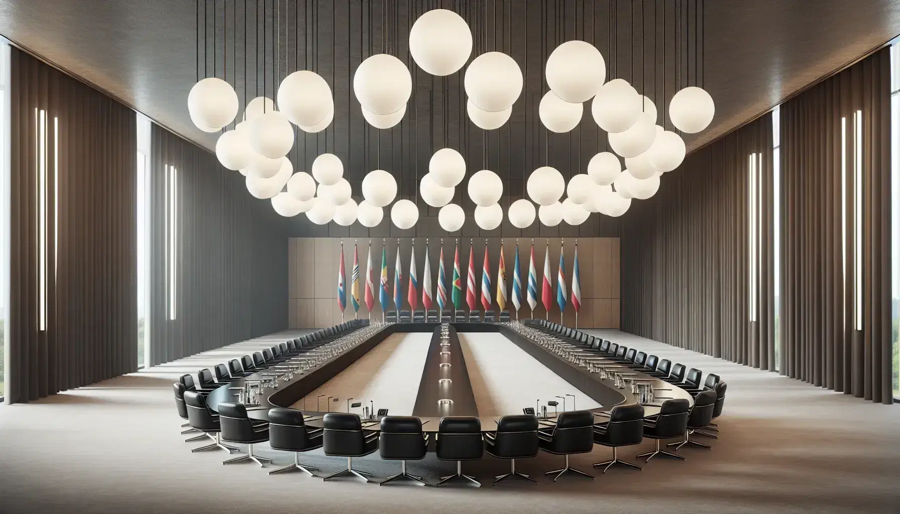 Polished dark wood oval conference table surrounded by black leather chairs, with a modern chandelier above and flags lining the neutral-toned room.