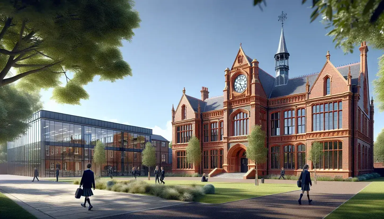 Red brick British school with Victorian clock tower, blue sky, manicured lawn, uniformed students and modern bay window extension.
