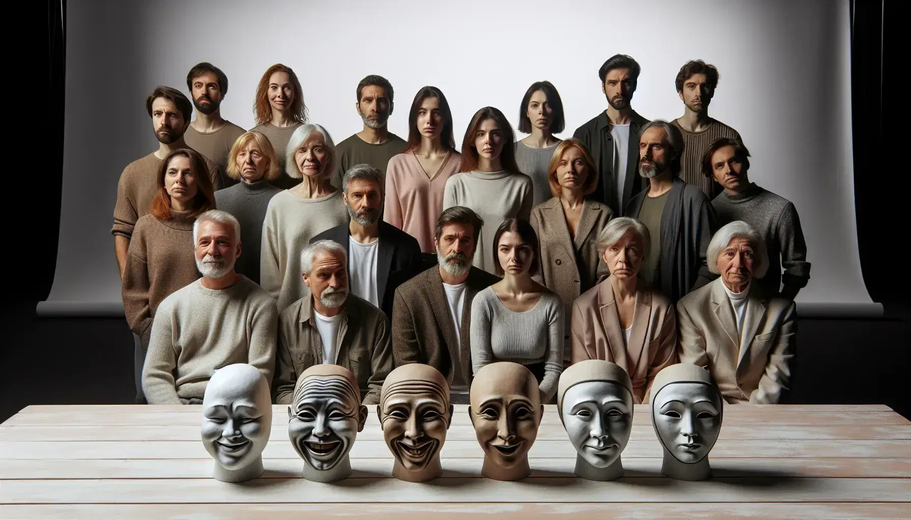 Grupo diverso de personas con expresiones variadas y máscaras teatrales en una mesa, reflejando un abanico de emociones humanas.