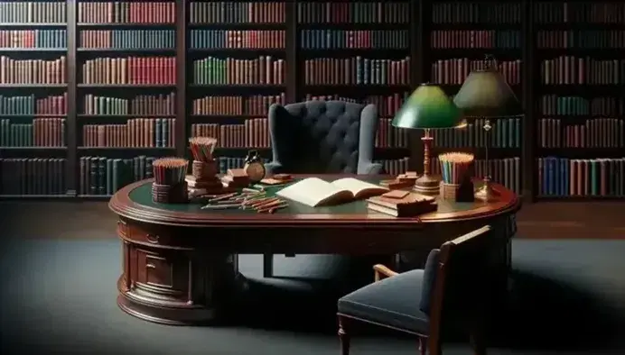 Scena di biblioteca con scrivania in legno scuro, lampada accesa, matite colorate, libro aperto e poltrona blu, scaffali pieni di libri rilegati.