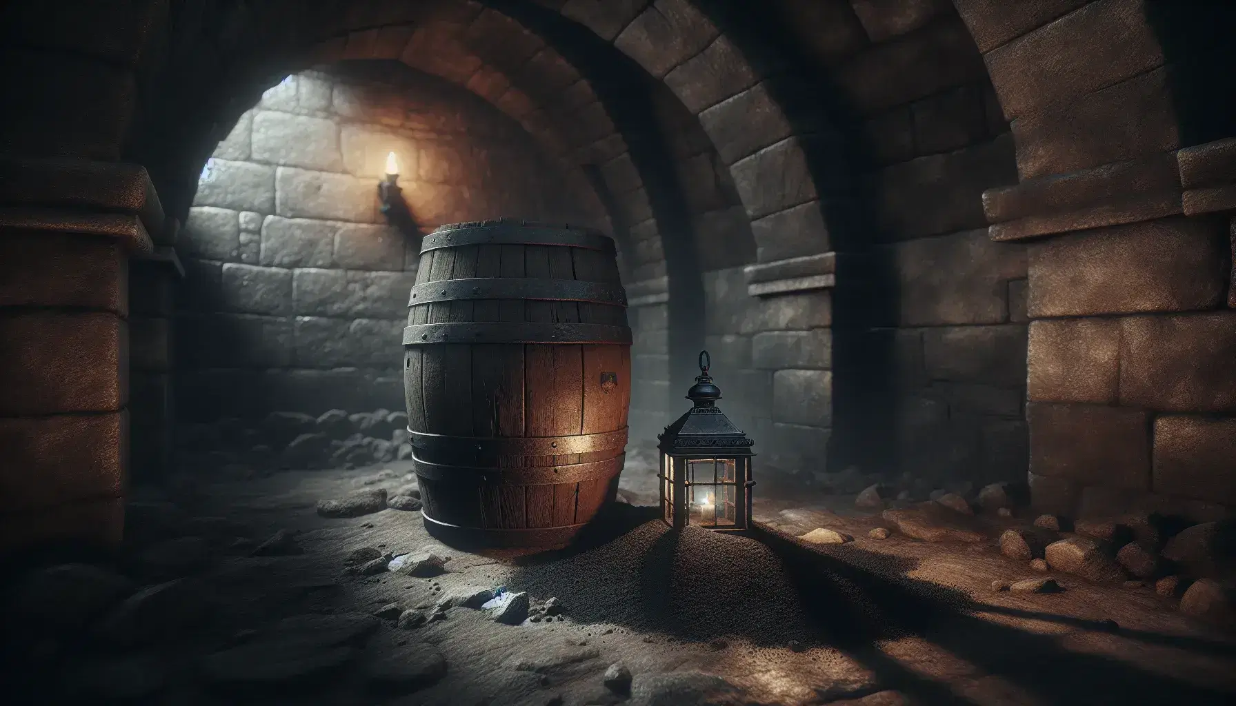 Dimly lit underground chamber with an old wooden barrel bound by metal hoops, scattered black powder on the floor, and an unlit metal lantern.