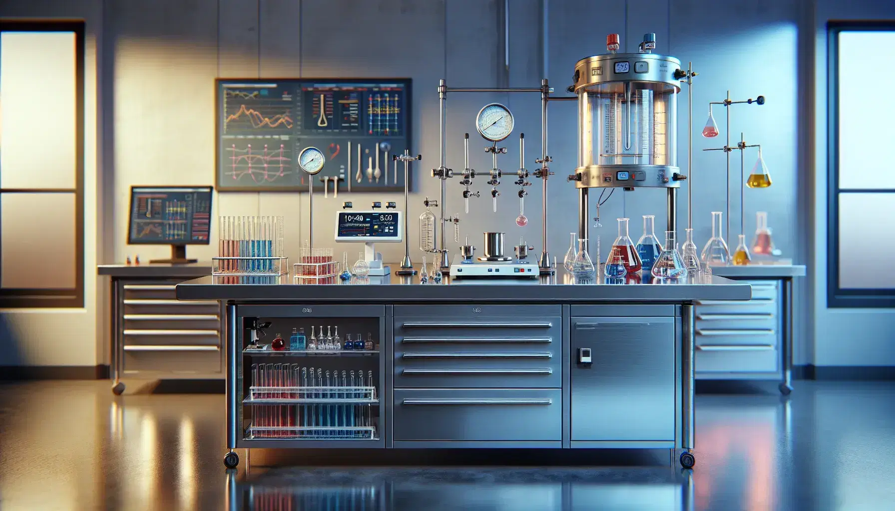 Laboratorio scientifico moderno con tavolo in acciaio, bilancia analitica, provette colorate e calorimetro collegato a laptop.