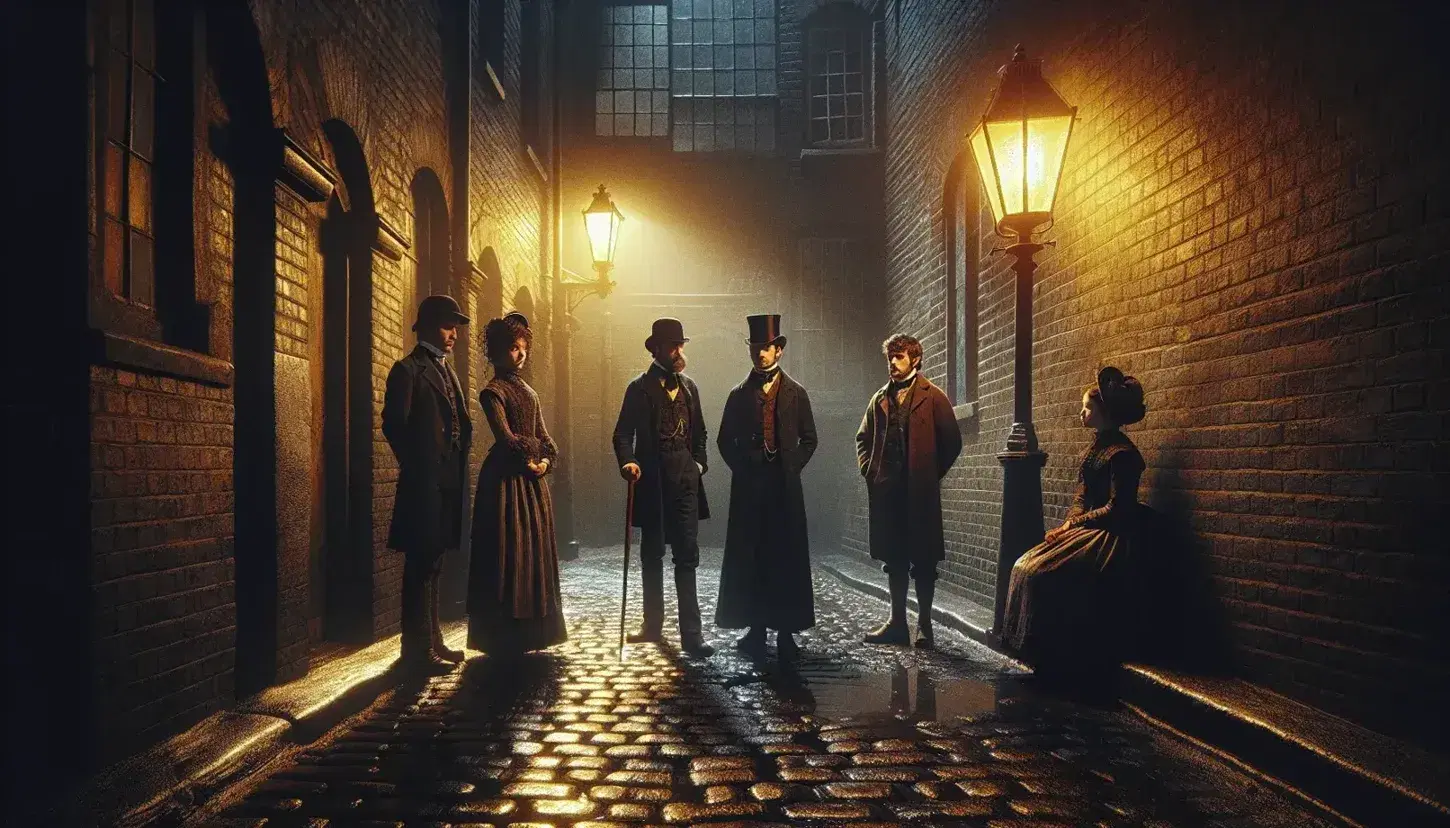 Victorian alley lit by gas lamp, with damp cobblestone paving, three people in period clothing interacting with each other.