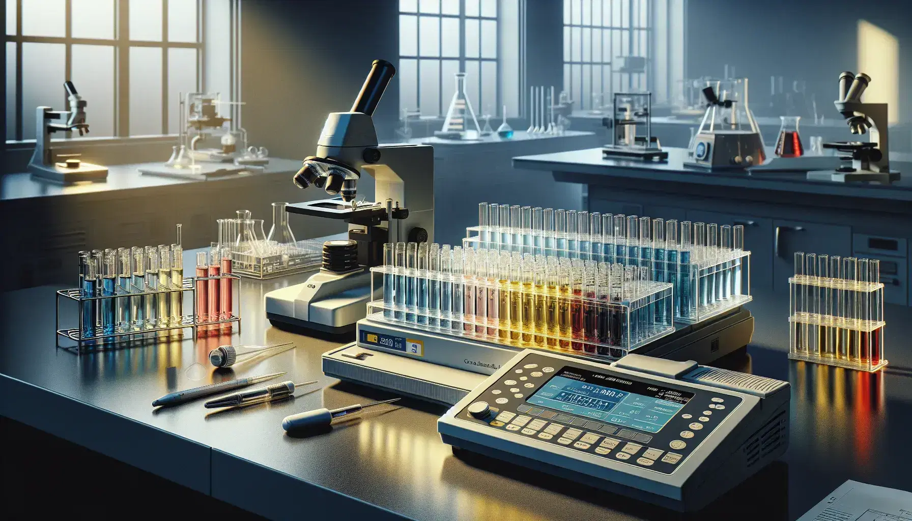 Laboratorio científico con espectrofotómetro, tubos de ensayo con líquidos coloridos, microscopio y balanza analítica reflejando precisión en bioquímica.
