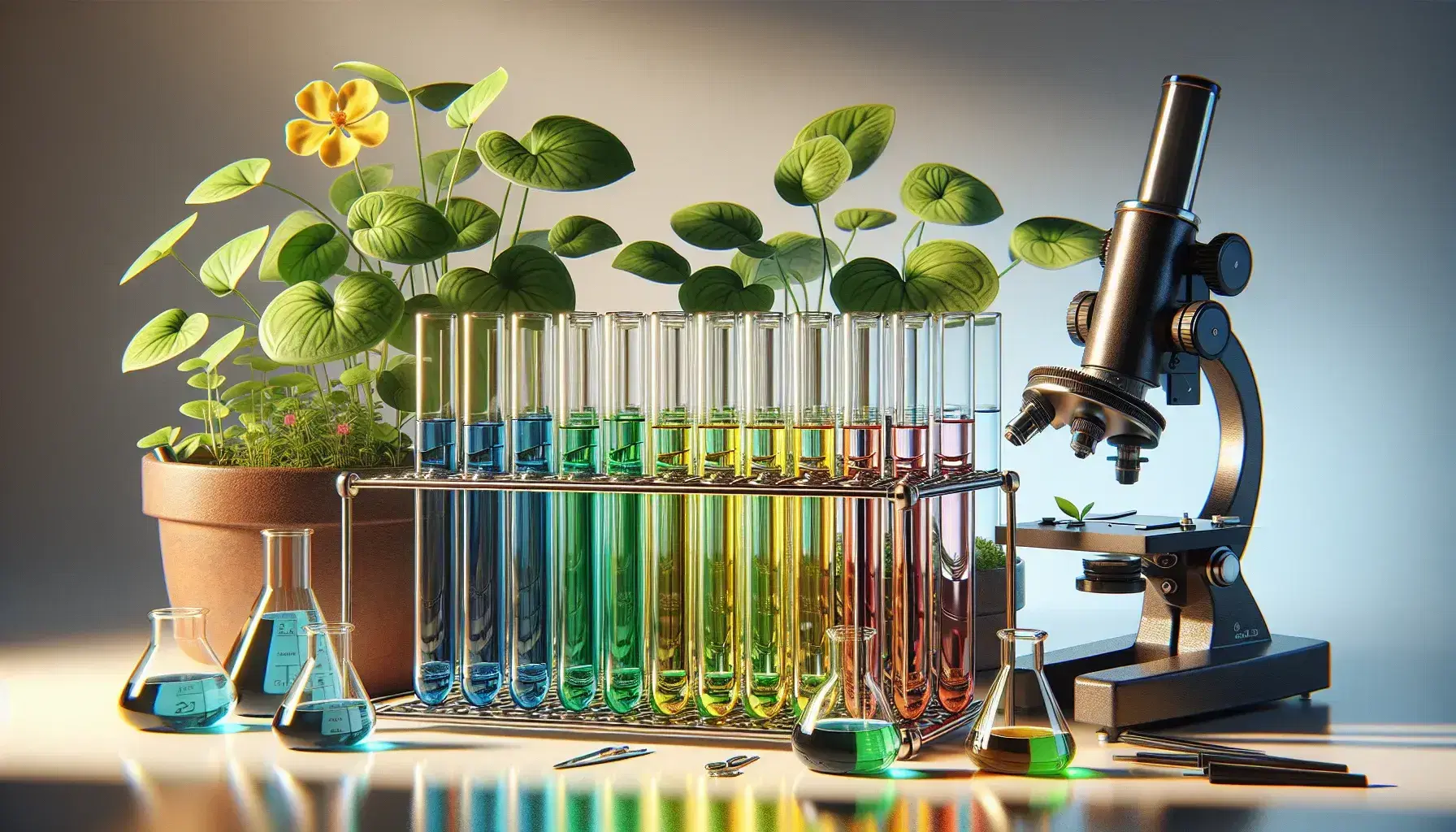 Tubos de ensayo con líquidos de colores azul, verde, amarillo y rojo en un soporte metálico, junto a una planta y un microscopio de laboratorio.