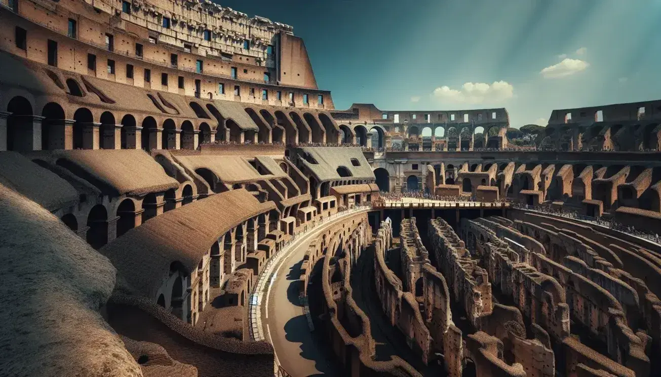 Vista parziale del Colosseo con cielo sereno, mostrando esterno e interni con archi e camere sotterranee, turisti in primo piano.
