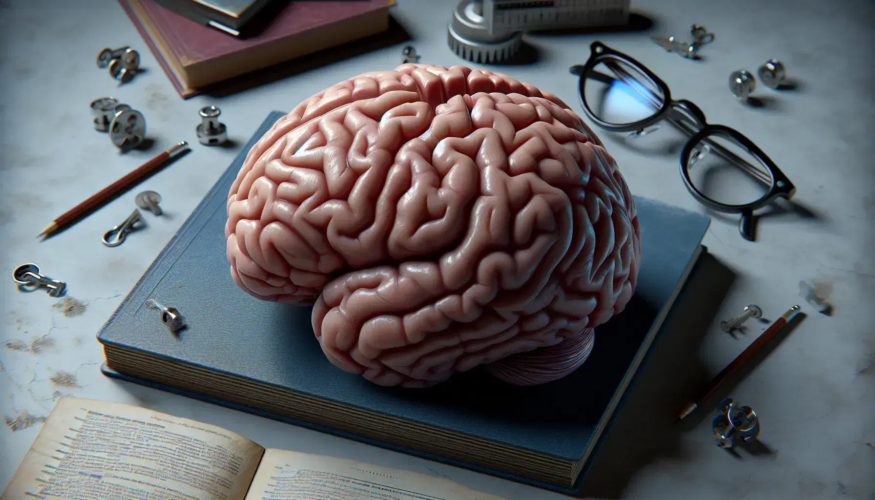 Detailed model of the human brain with sulci and convolutions, flanked by an open blue book, black glasses and colored marbles on a neutral background.